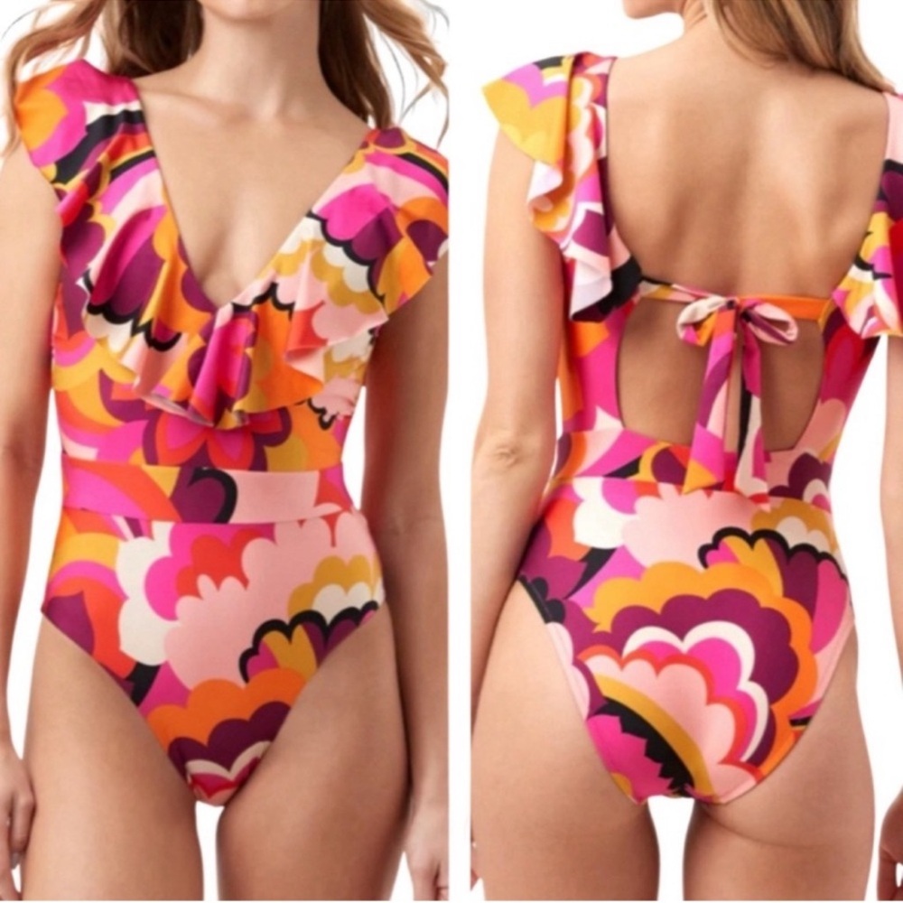 NEW Trina Turk One Piece Swimsuit Fan Faire Ruffle Plunge Pink Multi  Size 8